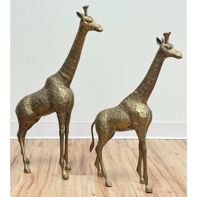 Metal Vintage Large Hollywood Regency Style Brass Giraffes, a Pair For Sale - Image 7 of 8