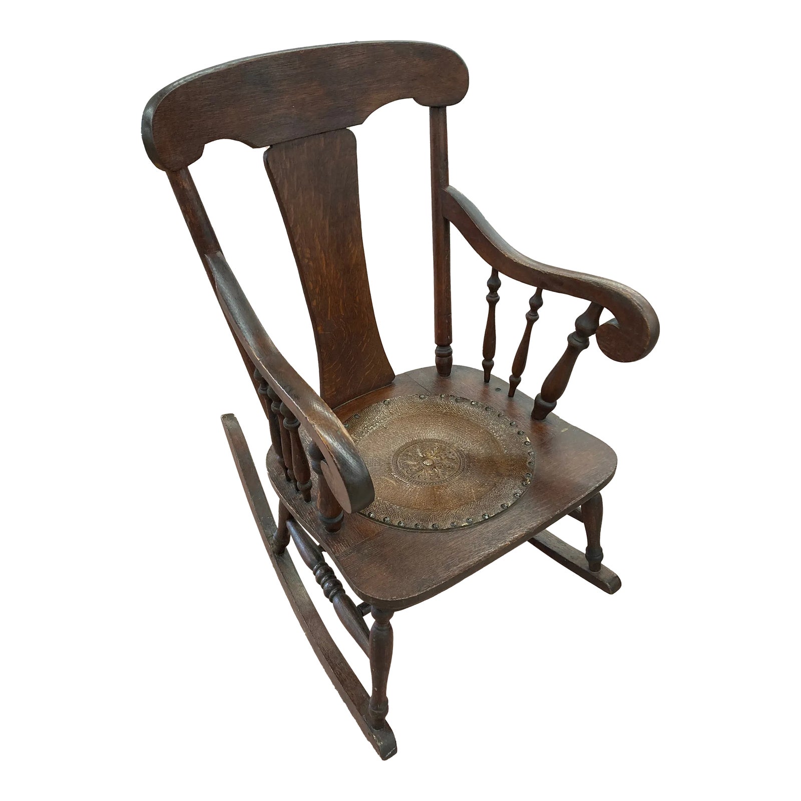 Antique Quartersawn Oak Rocking Chair With Embossed Leather Medallion ...