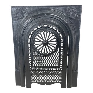 Late 19th Century Cast Iron Antique Fireplace + Insert With Beaded Arch & Rosette Cover 27" X 21.25" For Sale