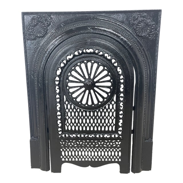 Late 19th Century Cast Iron Antique Fireplace + Insert With Beaded Arch & Rosette Cover 27" X 23" For Sale