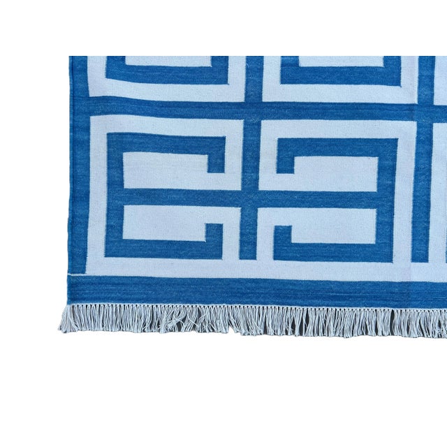 Not Yet Made - Made To Order Handmade Cotton Natural Vegetable Dyed Sky Blue and White Geometric Pattern Rug - 9'x12' For Sale - Image 10 of 11