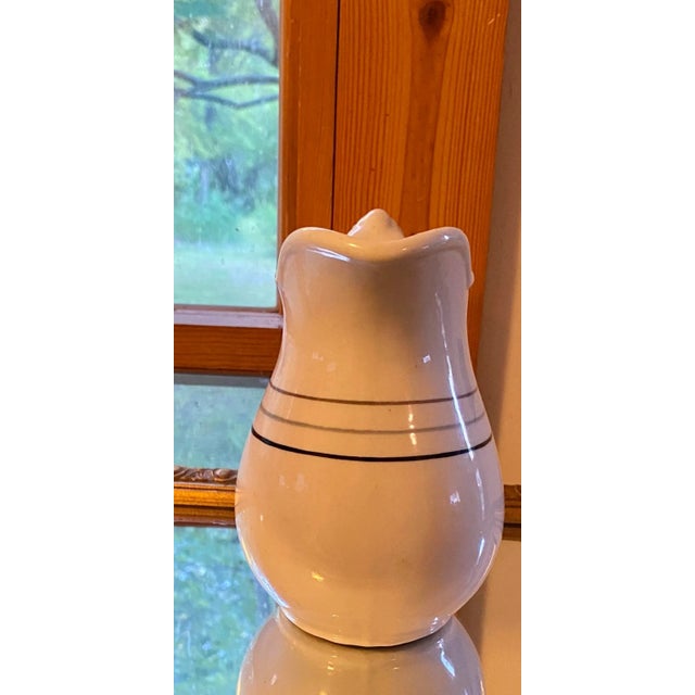 Antique White Milk Jug/ Pitcher Iconic 3 Stripe - Rare Black, Blue, Grey Iroquois China The back stamp in green appears...