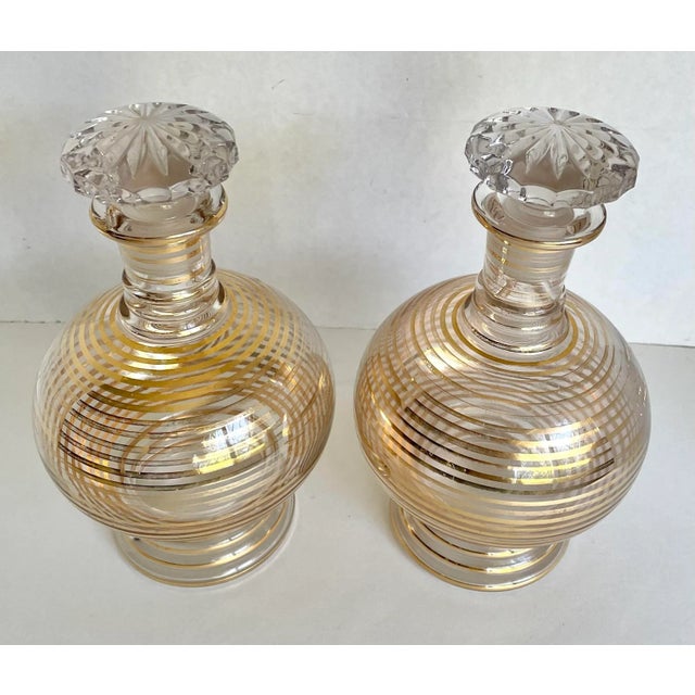 Art Deco Early 20th Century Pair of Art Deco Gold Striped Glass Decanters For Sale - Image 3 of 12