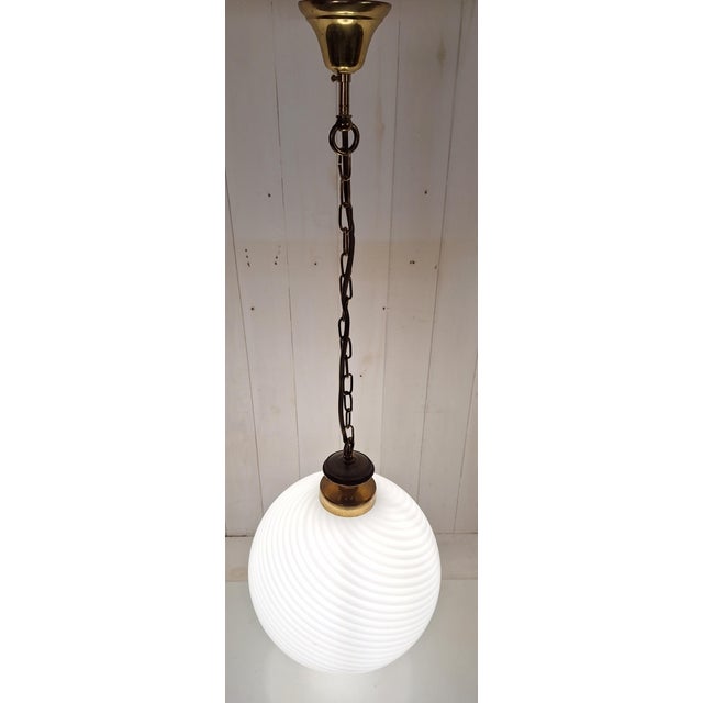 Vintage Italian Pendant Lamp with White Patterned Glass Shade, 1980s For Sale - Image 3 of 9