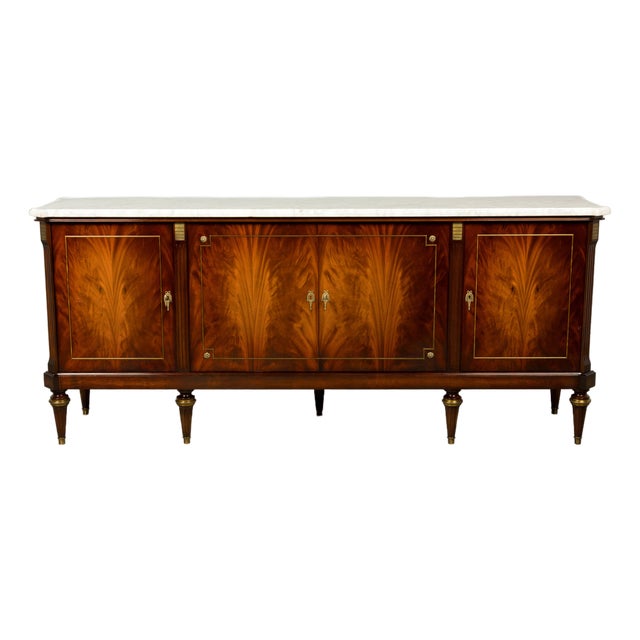 Mid 20th Century French Louis XVI Style Mahogany Sideboard Buffet With Carrara Marble Top For Sale