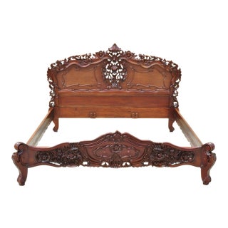 20th Century French King Size Carved Wood Bedframe For Sale