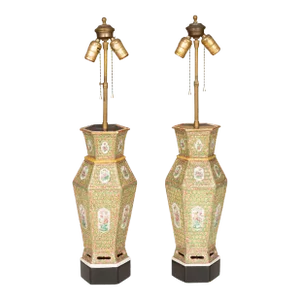 Chinese Famille Rose Hexagonal Table Lamps - A Pair