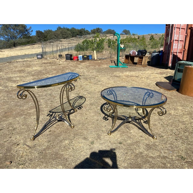 Vintage LaBarge Steel & Brass Hollywood Regency Maison Jansen Style Demi-Lune Table and Coffee Table Set of 2 For Sale - Image 10 of 12