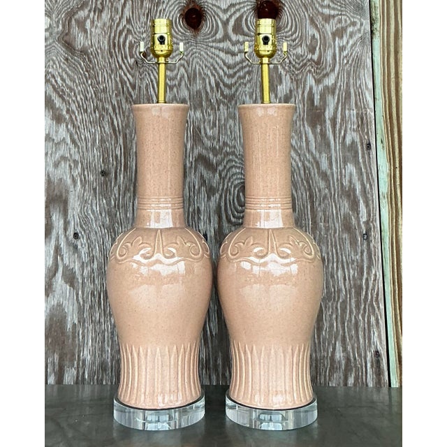 Apricot Vintage Mid-Century Modern Glazed Ceramic Lamps - a Pair For Sale - Image 8 of 9