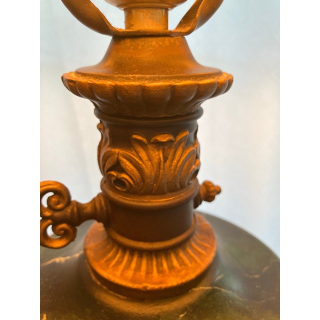 Early 20th Century Handpainted With Marbelizing Mental Lamp in Green, Black and Gold With Black Paper Shade. 28” Over-All Hight. For Sale - Image 4 of 7