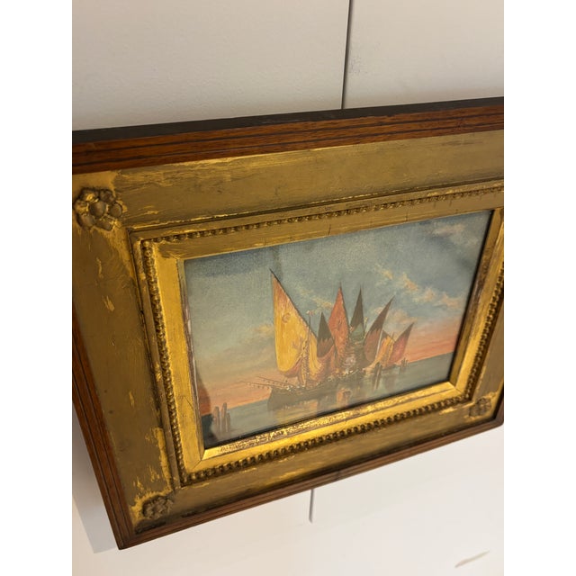 19th Century Watercolor of Venetian sailboats in stunning gold gilt frame. Vibrant colors make it a perfect addition to...