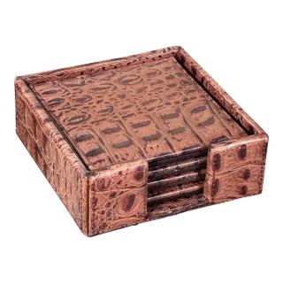 Restoration Hardware Ostrich Embossed Leather Coaster Set With Holder - Set of 4 For Sale