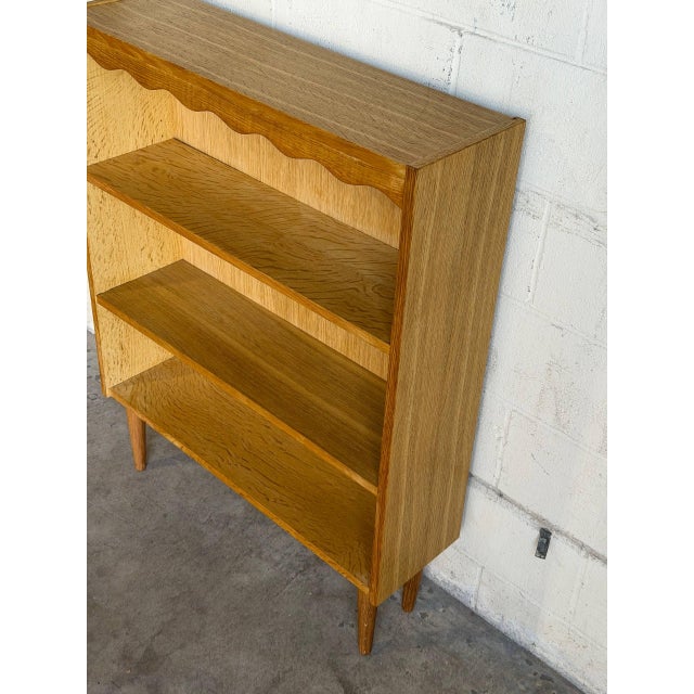 Vintage Oak Bookcase With 3 Open Shelves Scalloped Top Trim and Tapered Legs Denmark 1960s For Sale - Image 4 of 9