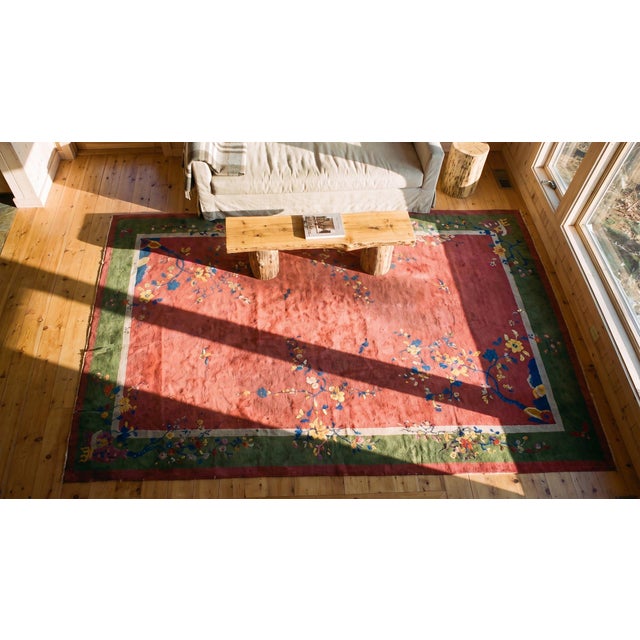 Gorgeous Tinys Flowers in a Floral Design With Cute Pink-Raspebery Background Antique Chinese Art Deco Rug For Sale - Image 10 of 11