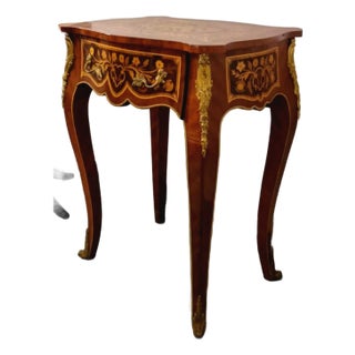 French Louis XV Style Console Side Table – Rich Wood Marquetry With Gilded Bronze Details & Single Drawer For Sale