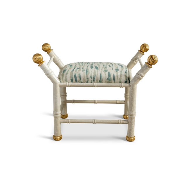 Boca is our hollywood regency style bench with features a bamboo frame and contrast metal gold leaf fluted ball finials...