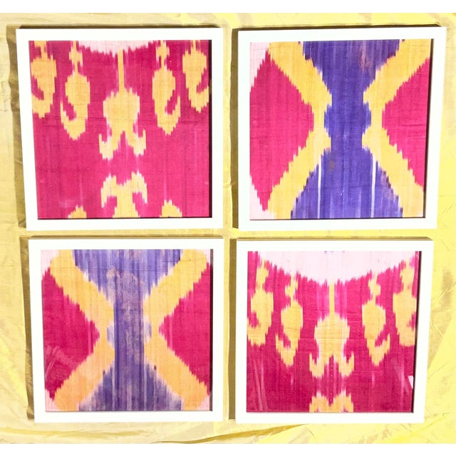 Mid-Century Modern Vibrant Silk Ikat Framed Collection – Bohemian Luxury Textile Art (Set of 4) For Sale - Image 3 of 15