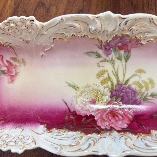 Victorian Antique p.t. Germany Tettau Porcelain Celery Dish, Magenta Floral Relish Tray, Circa 1902 For Sale - Image 3 of 12