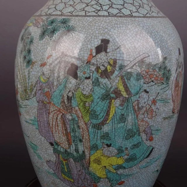 1900 - 1909 Chinese Vintage Porcelain Vase Qing Dynasty Qianlong Marked Crackle Glaze Famille Verte Porcelain Vase Hand Painted Figures Pattern For Sale - Image 5 of 8