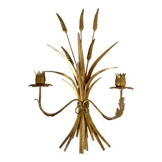1950's Hollywood Regency Gilt Gold Sheaf of Wheat Candle Wall Sconce For Sale