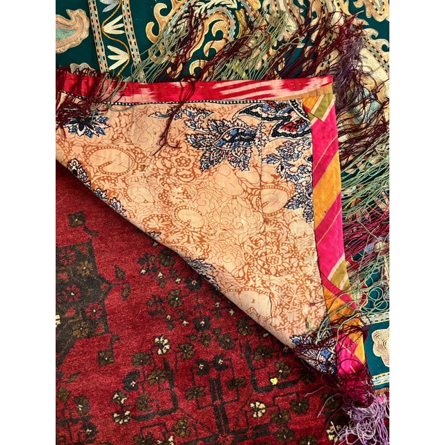 Asian Vintage Uzbek Bukhara Embroidered Horse Blanket, Green Silk Textile, 47” X 56” Central Asian Equestrian Tapestry [Af] For Sale - Image 3 of 4