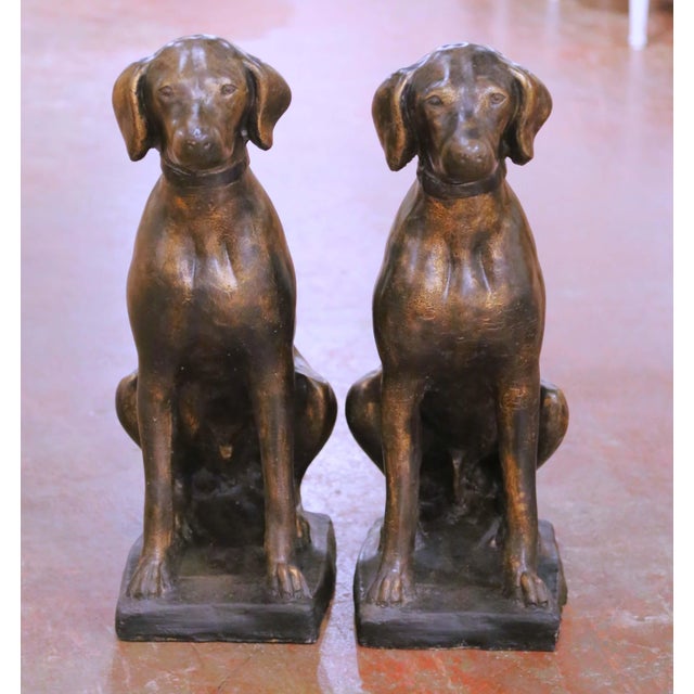 French Pair of Mid-Century French Bronzed-Finish Cast Stone Labrador Dog Sculptures For Sale - Image 3 of 9