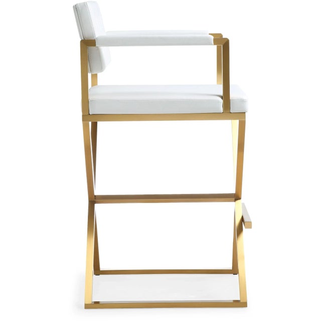 Transitional Director White Vegan Leather & Gold Steel Bar Stool For Sale - Image 3 of 10