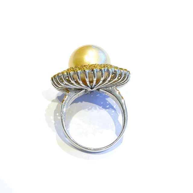 Baroque Bochic “Orient” Vintage South Sea Pearl & Sapphire Ring Set 18K Gold & Silver For Sale - Image 3 of 9