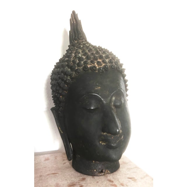 Antique Thai Bronze Head of the Walking Buddha, Sukhothai Tradition For Sale - Image 9 of 12