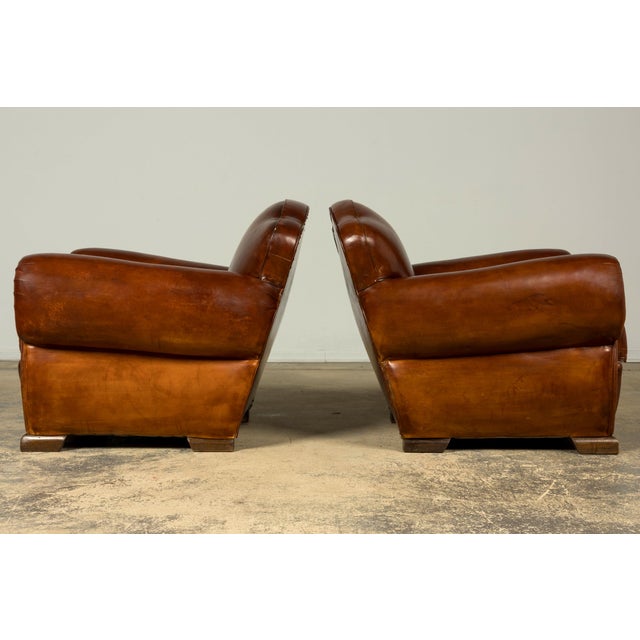 1940s French Art Deco Cognac Leather Club Chairs, Pair For Sale - Image 15 of 18
