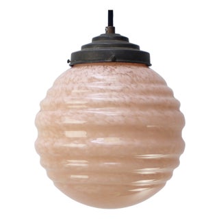 French Pink Reeded Clichy Glass Pendant Lamp For Sale