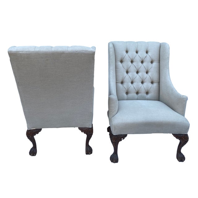 Wood Vintage French Linen Wingback Chairs - a Pair For Sale - Image 7 of 9