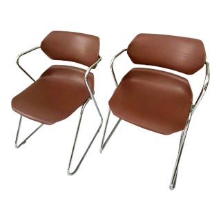 1970s Mid-Century Chrome Stacker Chairs – Pair, Stackable Office or Dining Seating, Sculptural Brown Seats For Sale