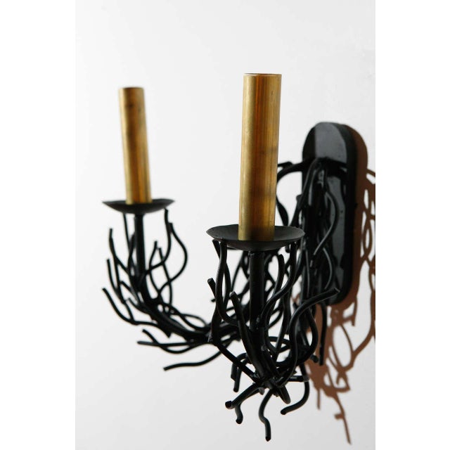 1970s Double Faux Black Coral Sconce With Brass Candle Covers For Sale In Los Angeles - Image 6 of 9