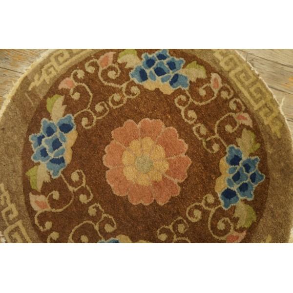 Chinese 1920s Brown Medallion Antique Chinese Peking Rug 2' X 2' Round Wool Carpet For Sale - Image 3 of 9