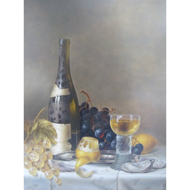 Roy Hodrien (England b 1957), framed mixed media on panel, a moody still life with wine & fruit. Signed at lower right....