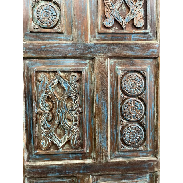 1920s Vintage Lotus Carved Wood Door | Distressed Blue Sliding Barn Door 80x36 For Sale - Image 5 of 7