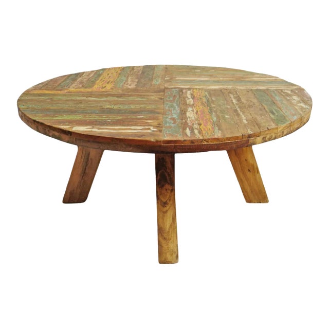 Vintage Salvaged Round Boat Wood Coffee Table For Sale