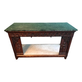 Antique Late 19th Century Marble and Wood Console Table With Carved Figures and Flowers For Sale