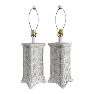 Late 20th Century Palm Beach Coastal Chic White Wicker Table Lamps With Harps and Finials, a Pair For Sale