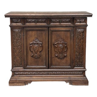 19th Century Carved Oak Sideboard Buffet Cabinet Renaissance Revival 44” For Sale