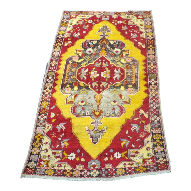 Vintage Turkish Red and Yellow Rug For Sale