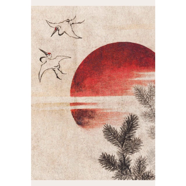 A striking example of traditional Japanese woodblock art, this vintage art print reproduction features Birds and Sunset, a...