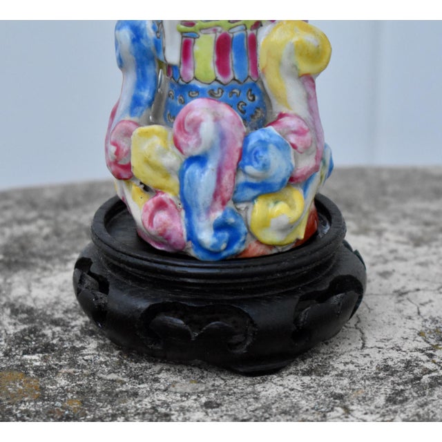 Chinese Vintage Chinese Famille Rose Porcelain Figurine Scholar Court Figure Wood Stand For Sale - Image 3 of 15