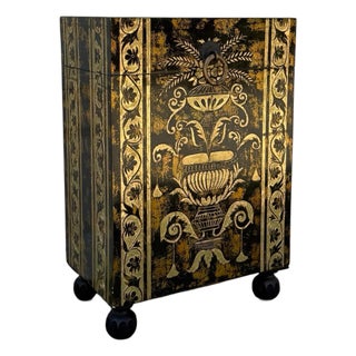 Late 20th Century Neoclassical Style Black and Gilt Decorated Urn Motif Storage Chest For Sale