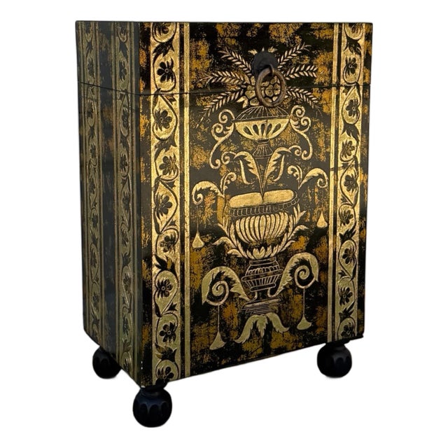 Late 20th Century Neoclassical Style Black and Gilt Decorated Urn Motif Storage Chest For Sale