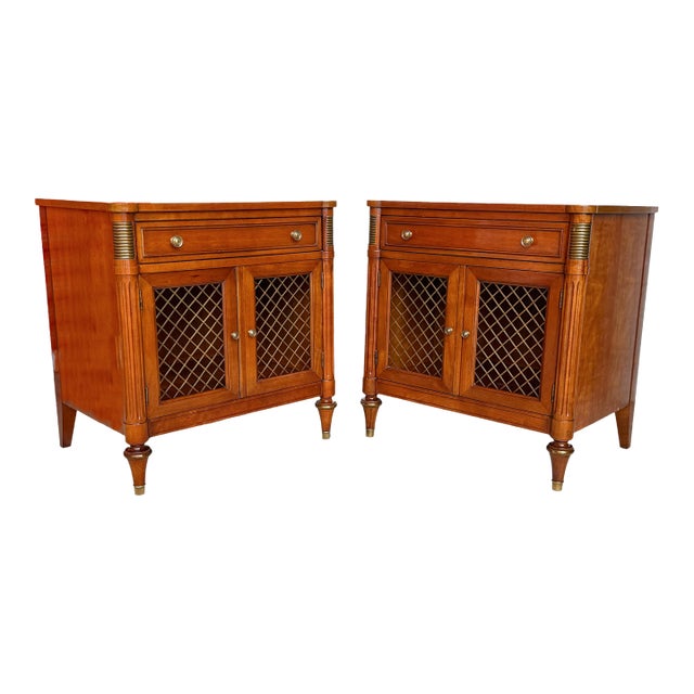 1960's Kindel Belvedere French Regency Louis XVI Walnut Nightstands With Lattice Doors For Sale