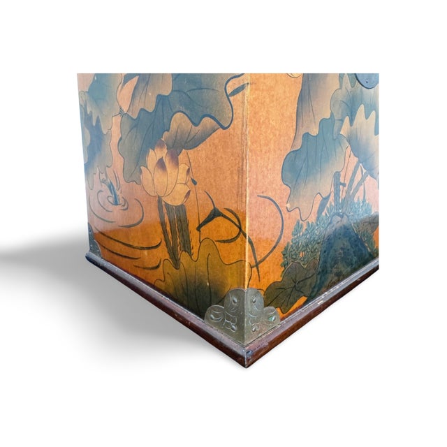 Wood Vintage Chinese Lacquer Chest Trunk With Painted Lotus & Bird Motif, Calligraphy Interior For Sale - Image 7 of 13