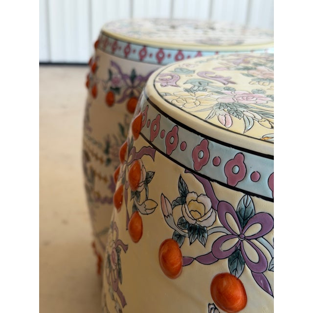Late 20th Century Chinoiserie Chinese Export Ivory Ground Famille Rose Porcelain Garden Stools-Pair For Sale - Image 9 of 12