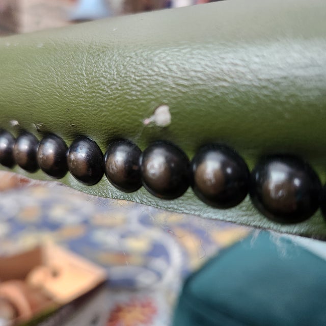 Mid 20th Century MCM Library Chair Moss Green Leather Blend/Woven Fabric With Button Tuft & Nailtacks, Swirled Arms, Dark Wood, Executives For Sale - Image 12 of 13
